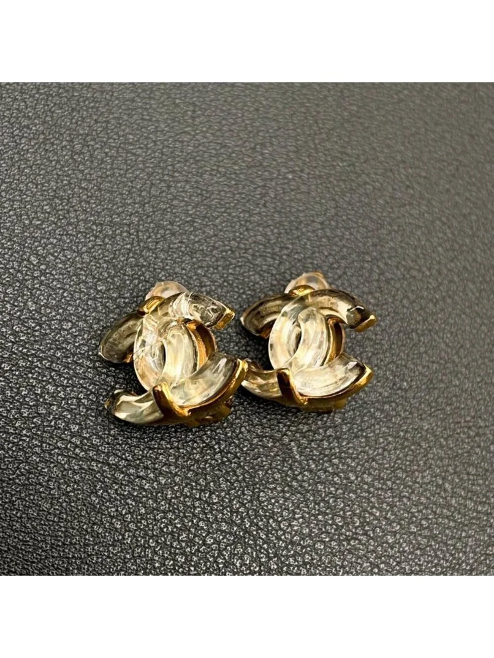 Chanel CC Logo Earrings Clear Gold Icon Coco